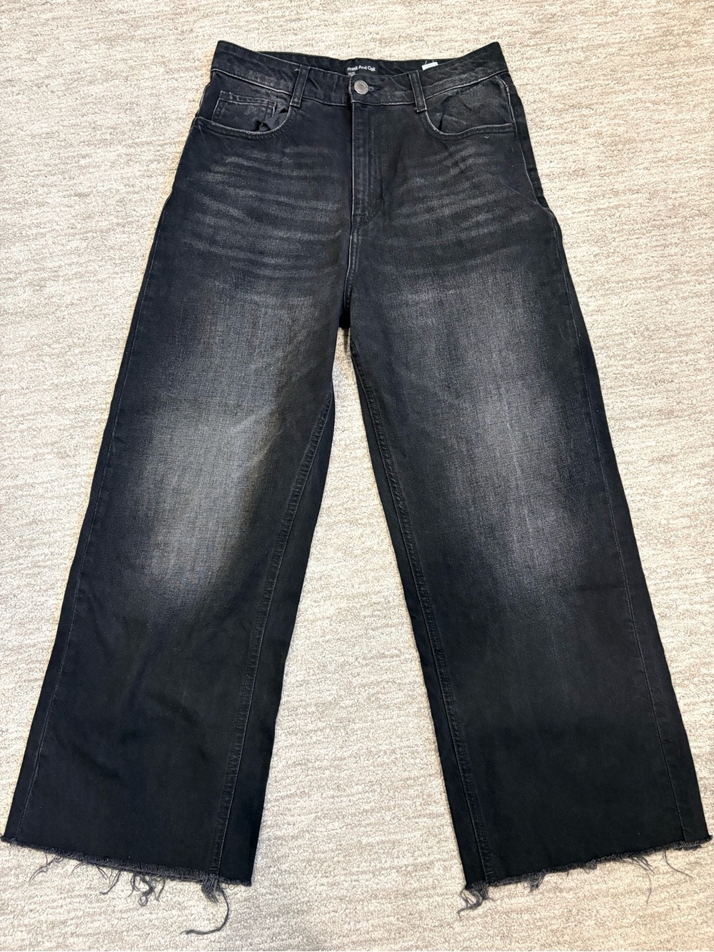 Frank And Oak Nina Black Washed Wide Leg Raw Hem Jeans Size 28